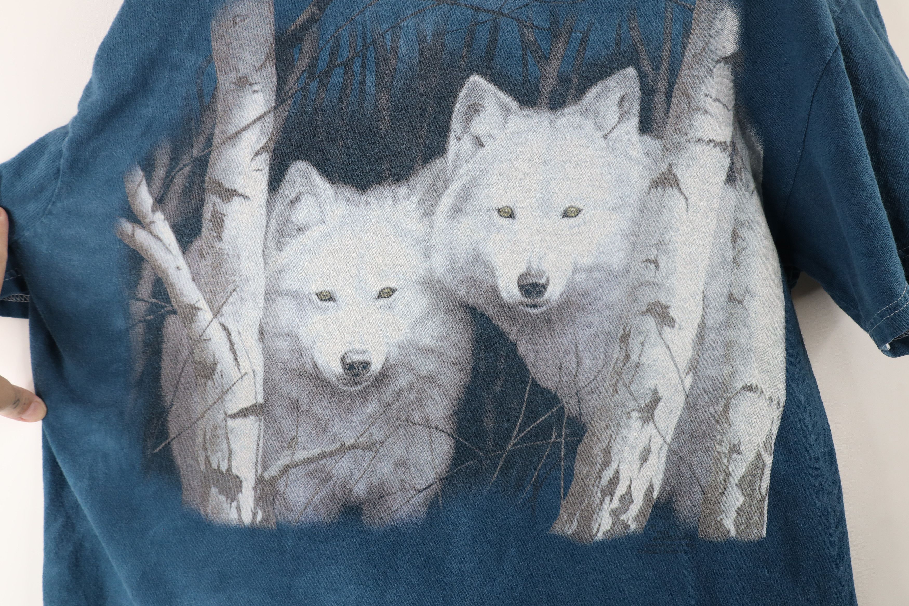 Vintage Vintage 90s Streetwear Wash White Wolf Nature T-Shirt Blue Size US XL / EU 56 / 4 - 4 Thumbnail