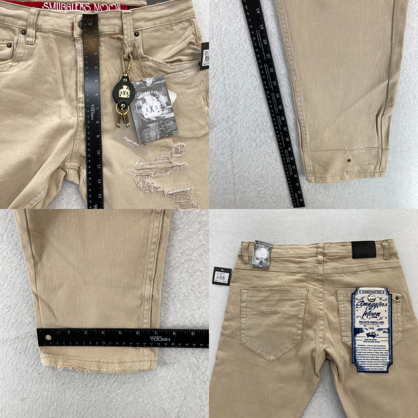 Denime Smugglers Moon Jeans Mens 36x32 Khaki Beige Denim Button Fly Roll Up Distressed Slim Skinny 5-Pocket Gothic Punk Skull Logo Denim Mens Size US 36 / EU 52 - 9 Thumbnail