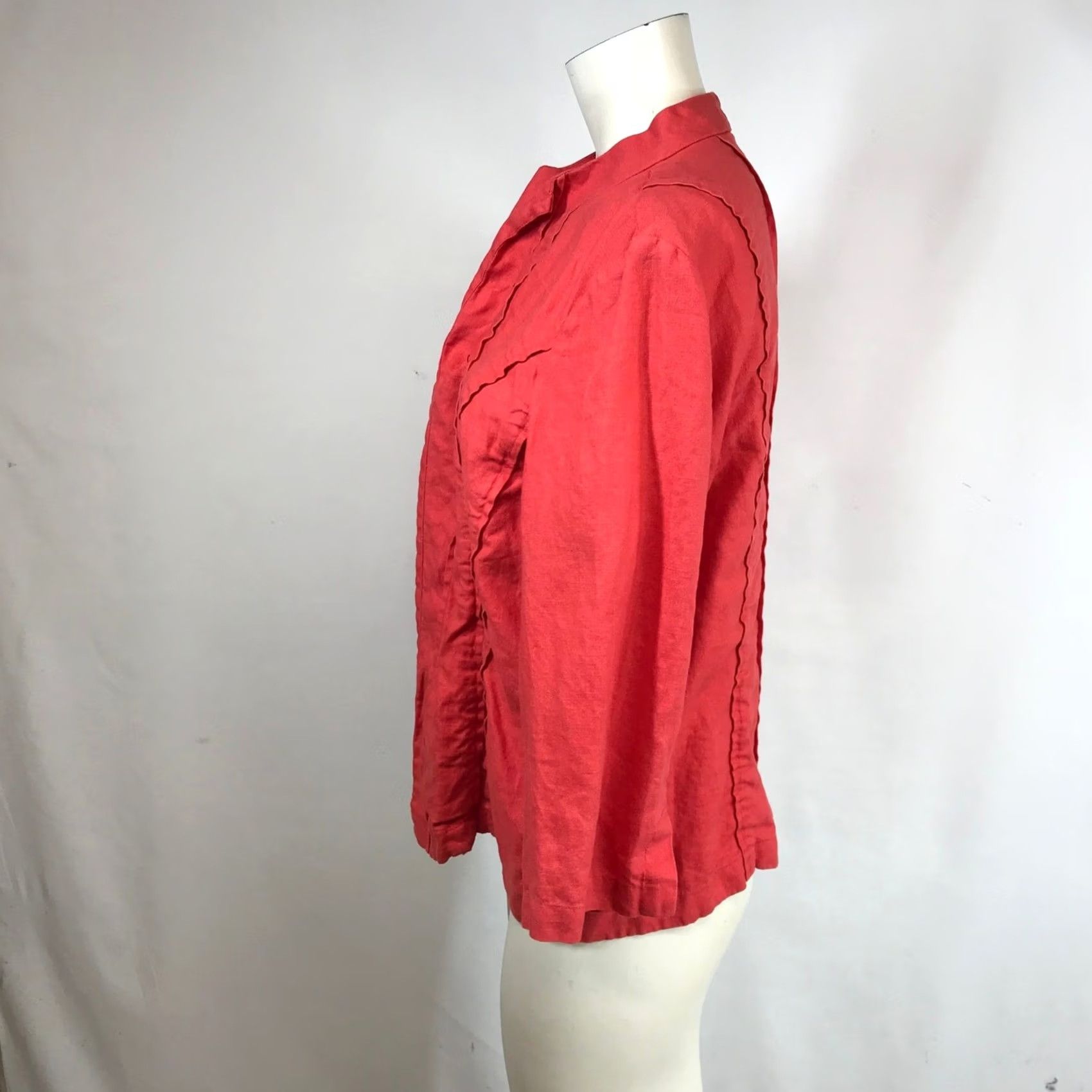 Vintage Chicos Red 100% Linen Jacket Size L Mandarin Collar Open Front Raw Edge Seam Womens Size L / US 10 / IT 46 - 6 Thumbnail