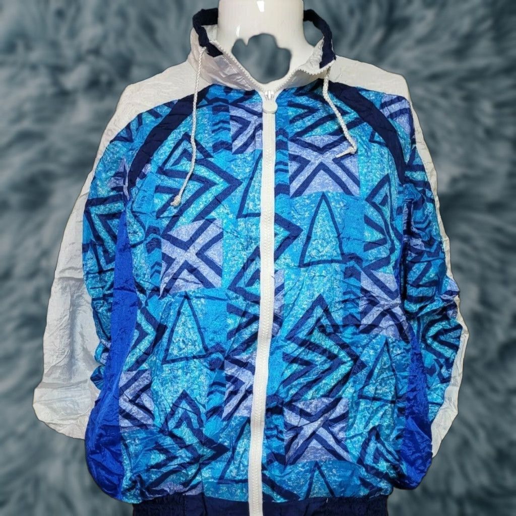 Vintage Womens Olympic Exposure Windbreaker Jacket 90s Blue Large Full Zip Nylon Geometric Windbreaker 90s Womens Size L / US 10 / IT 46 - 1 Thumbnail