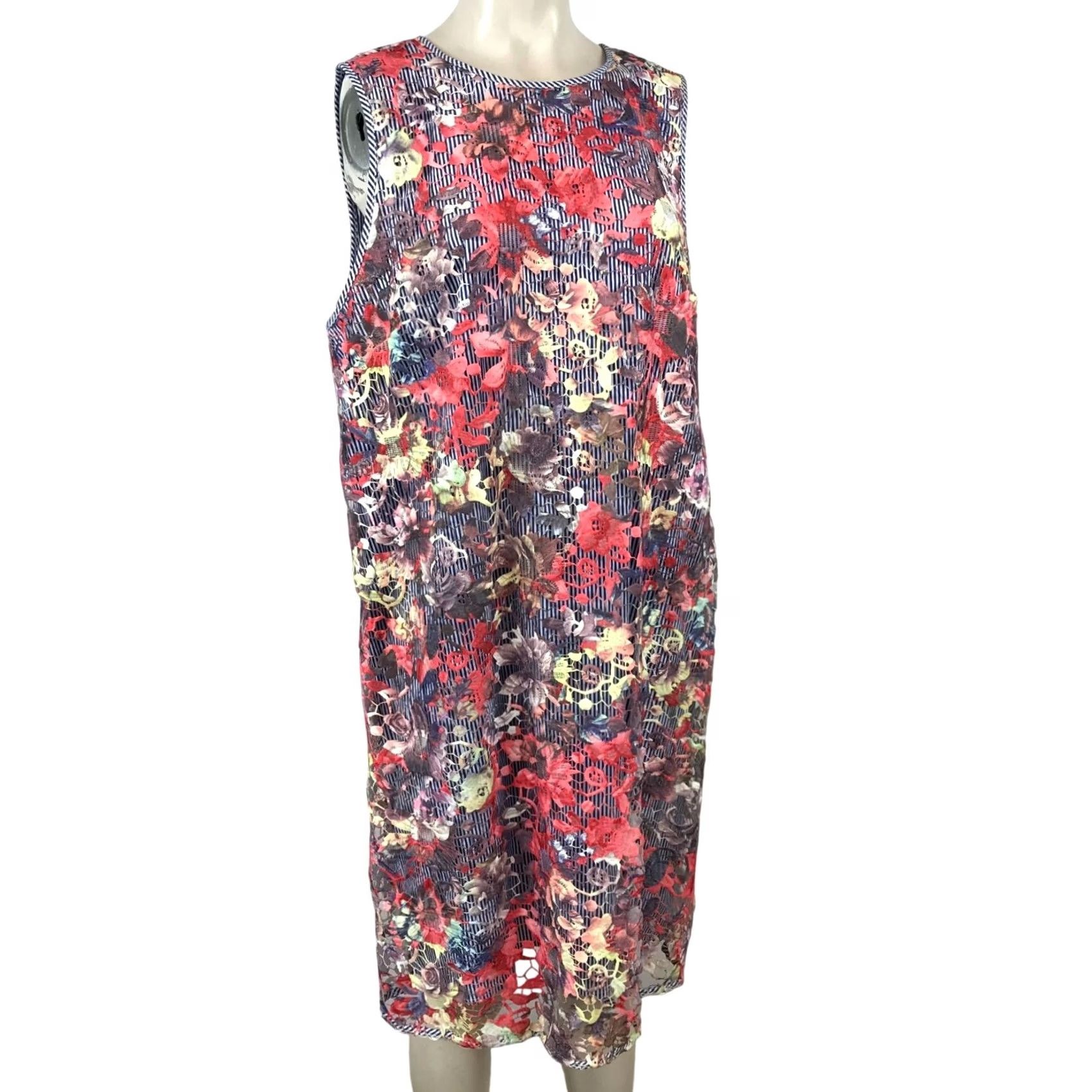Vintage HALOGEN WOMEN'S XL FLORAL SLEEVELESS ROUND NECK STRIPE SHIFT DRESS Size XL / US 12-14 / IT 48-50 - 2 Thumbnail
