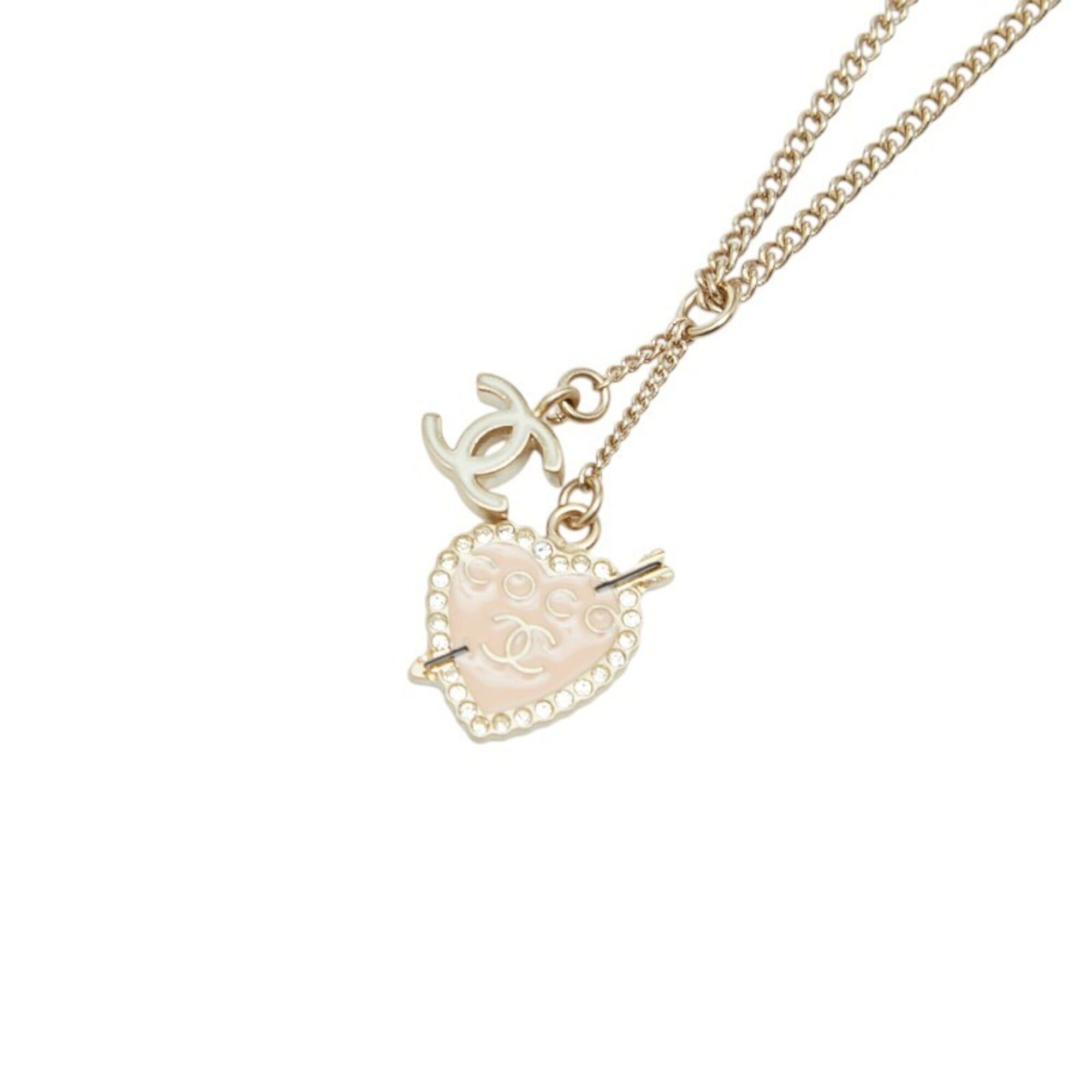 Chanel Chanel Coco Mark Heart & Arrow Rhinestone Pendant Necklace, 10 Stones, Gold Pink Plated Enamel, Women's CHANEL Size ONE SIZE - 1 Thumbnail