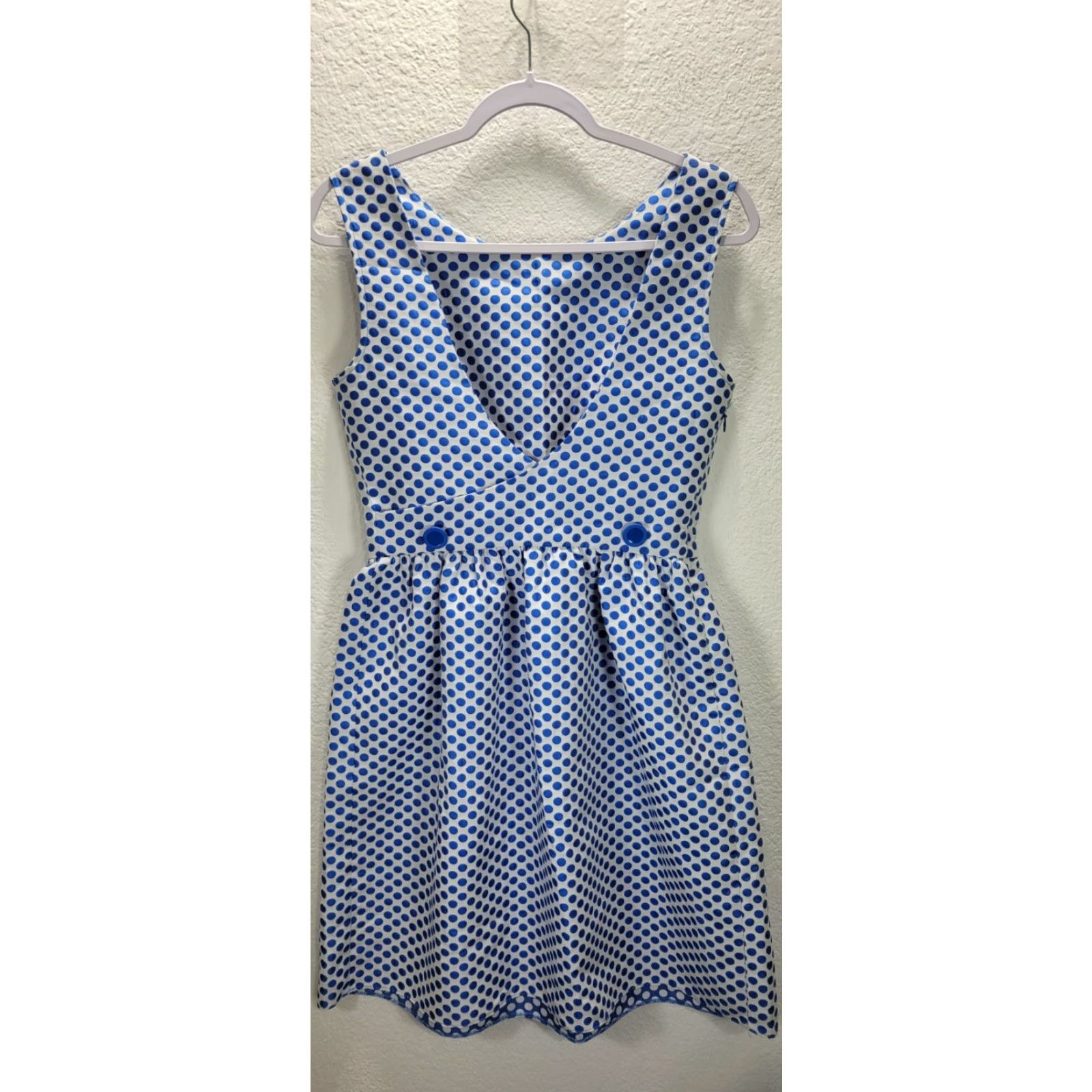 Vintage Axara Paris Blue White Polka Dot Dress Cotton Blend Midi Sleeveless Sz 38 Womens Fit & Flare, Yellow? Size XS / US 0-2 / IT 36-38 - 6 Thumbnail