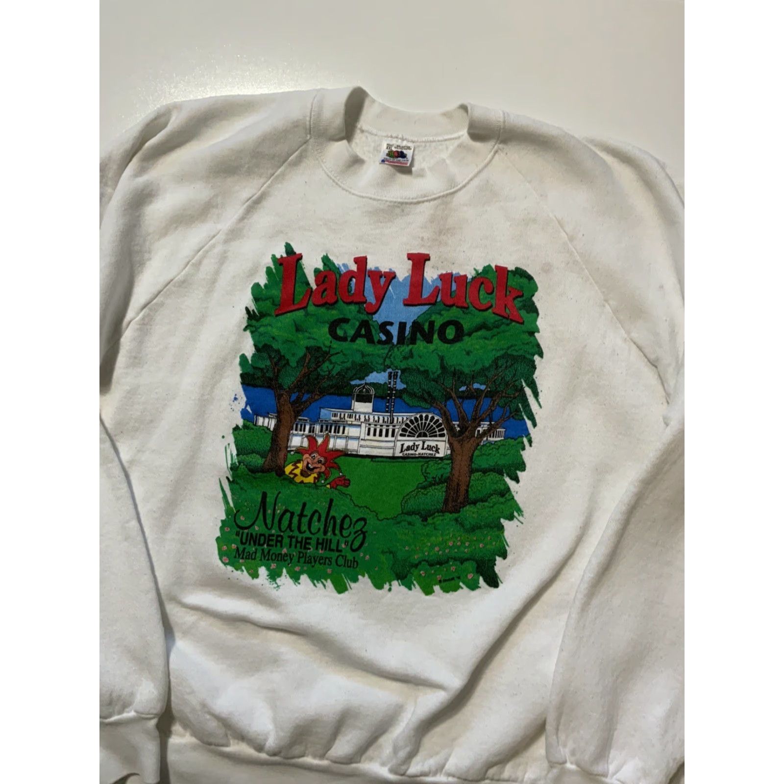 Fruit Of The Loom VINTAGE Fruit Of The Loom Lady Luck Casino Natchez Mad Money Players Club Sweatshirt 2XL White Pullover Mens Size US XXL / EU 58 / 5 - 3 Thumbnail