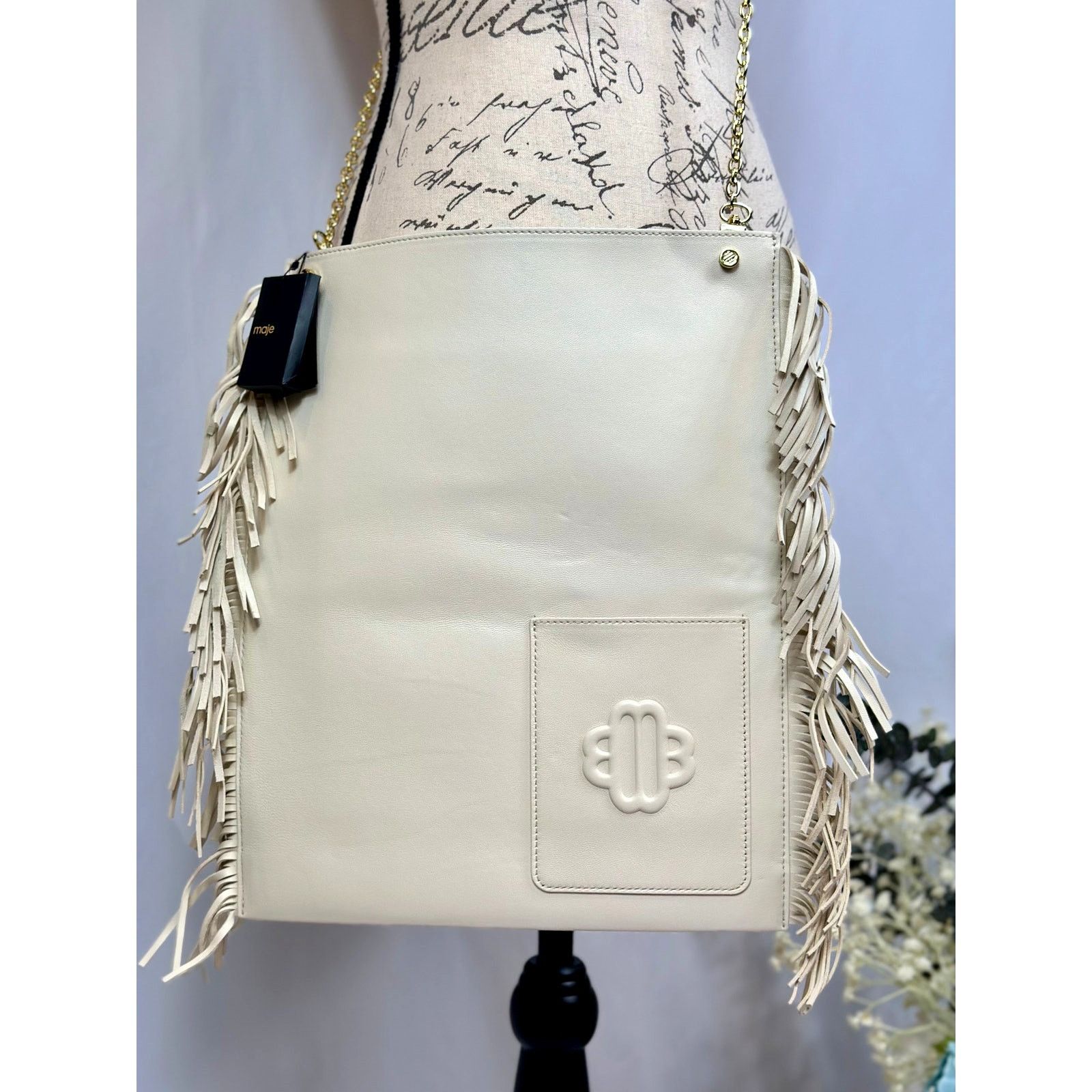 Maje Maje Clover Fringed Leather Bag Vanilla Ecru 14.5" x 12" Size ONE SIZE - 7 Thumbnail