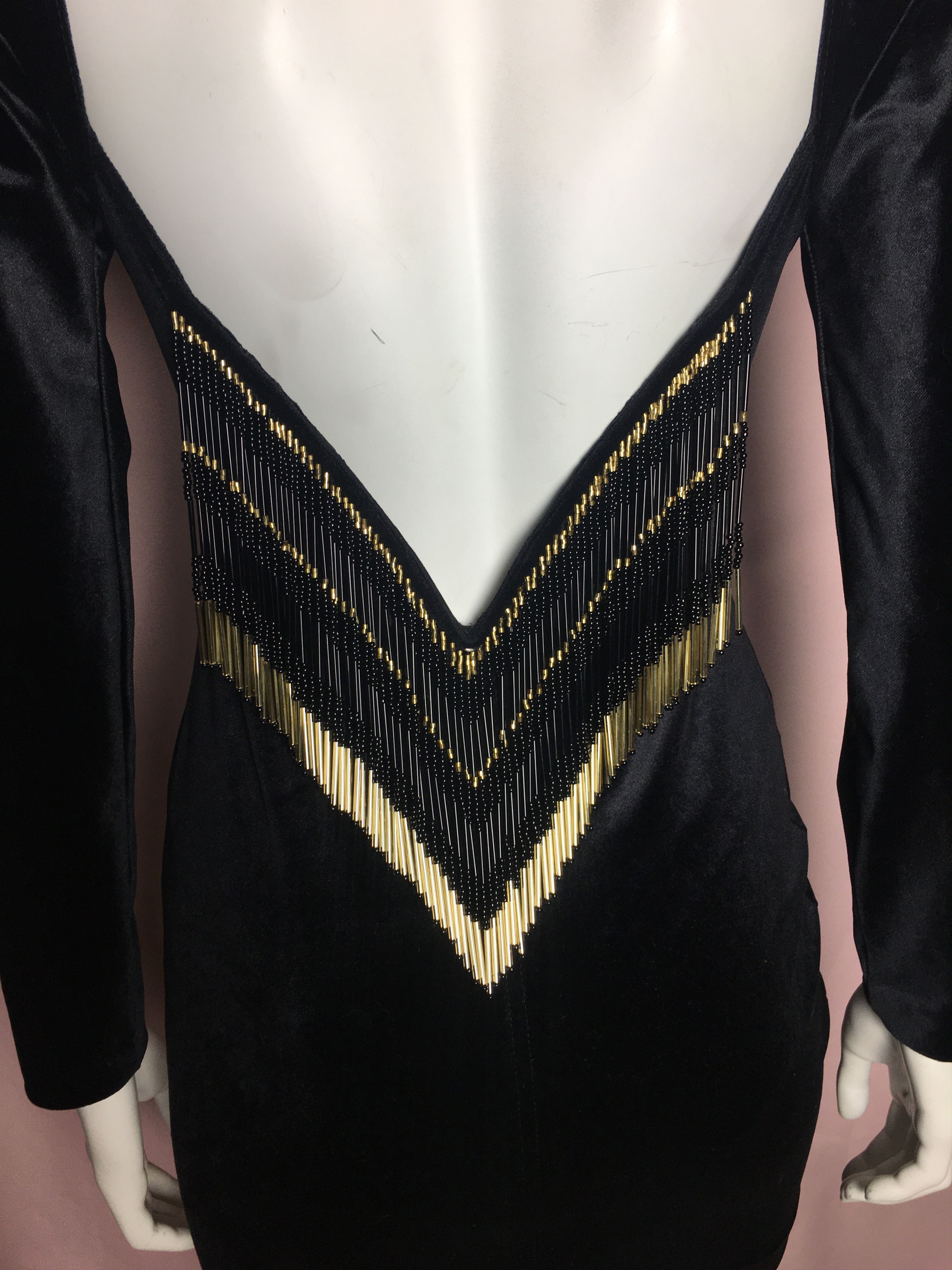 Vintage Vintage Ritmo di Perla Black Velvet Dress V-Back Gold Fringe Size L / US 10 / IT 46 - 2 Thumbnail