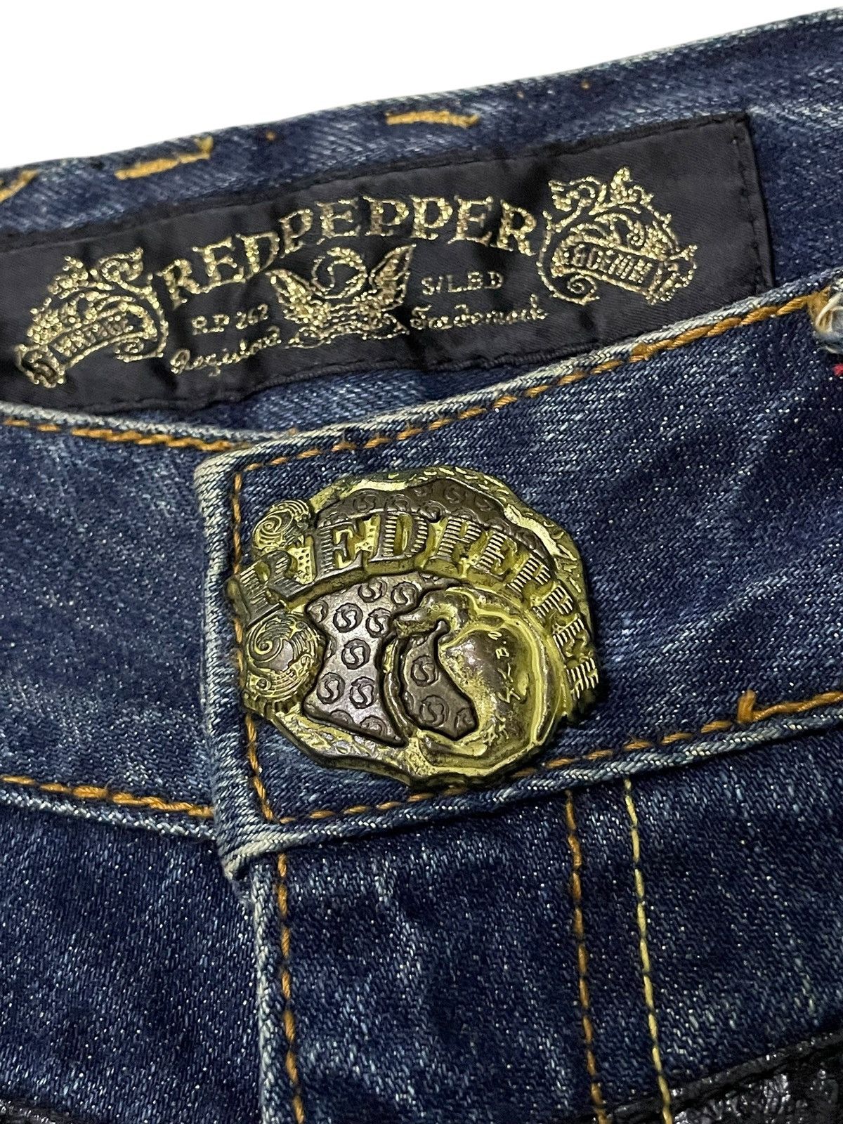 Japanese Brand × LOWBOX × semanticdesign Red Pepper Japan Leather Feather Wings Mud Wash Flare Jeans Size US 30 / EU 46 - 17 Thumbnail