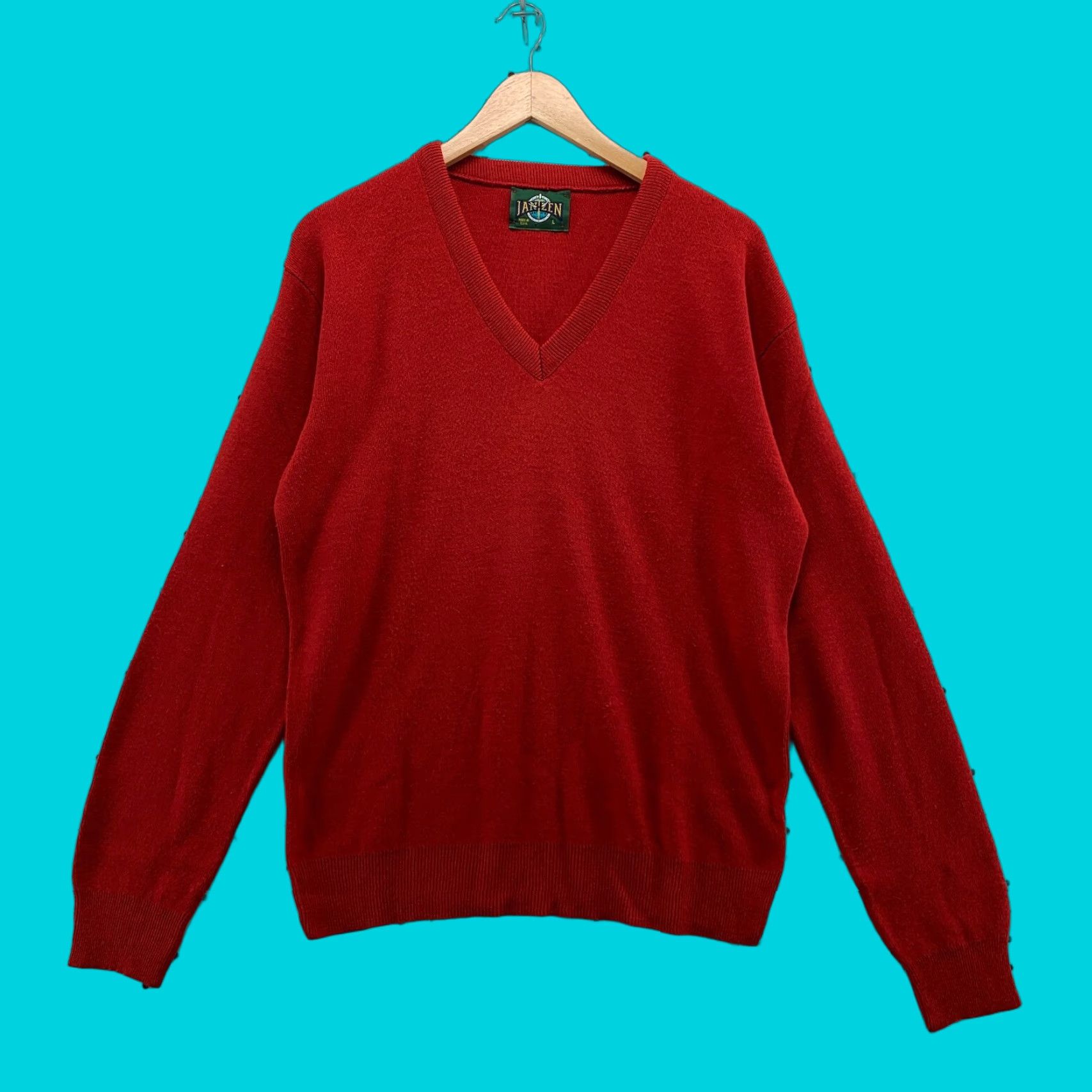 Jantzen VINTAGE Jantzen Sweater Knit V-Neck Red Mens Large 21.5x27 Acrylic USA Made Pullover Size US L / EU 52-54 / 3 - 1 Thumbnail