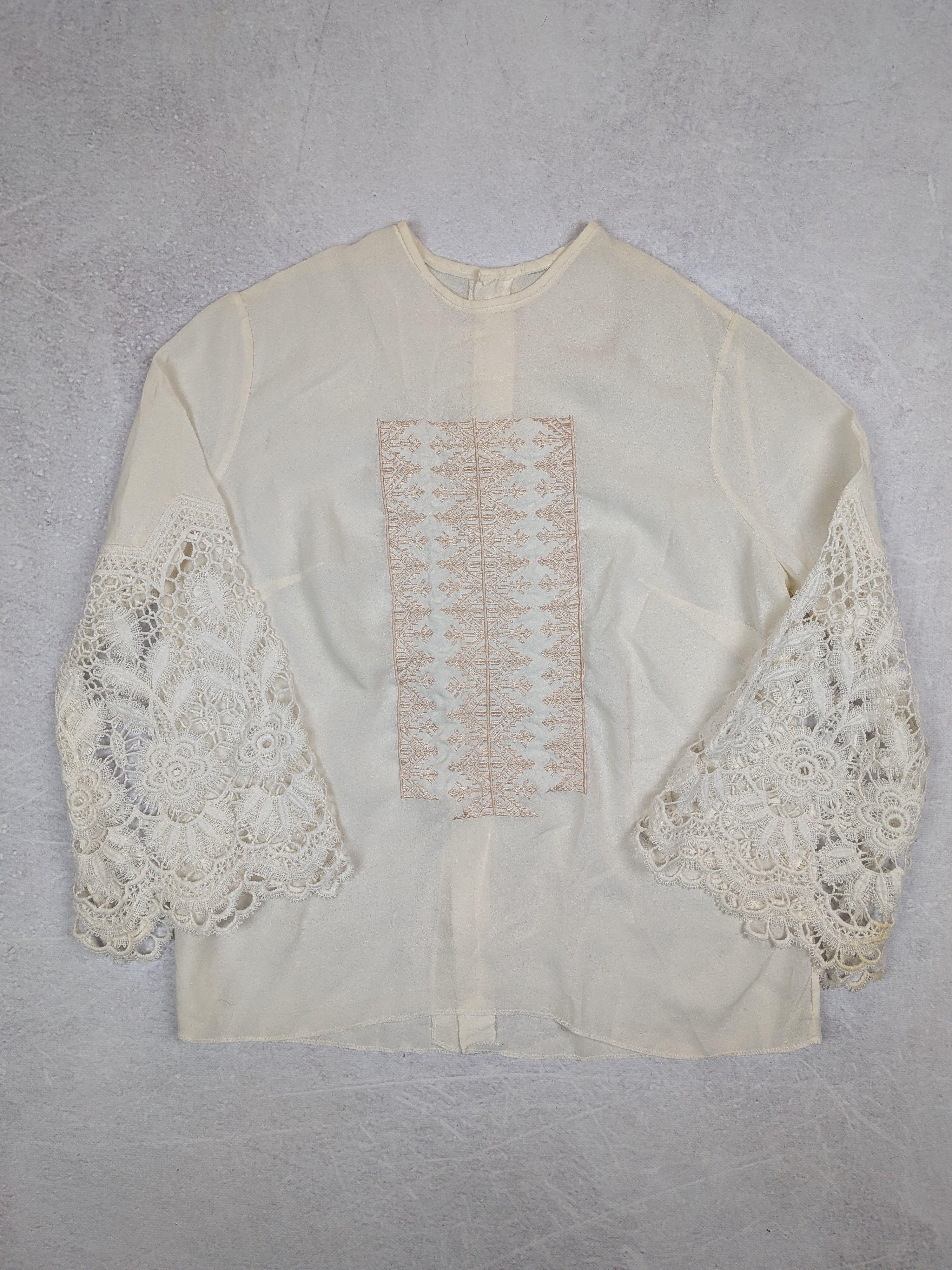 Other Handmade Vintage Silk & Guipure Lace Blouse Boho Size L XL Size L / US 10 / IT 46 - 1 Thumbnail