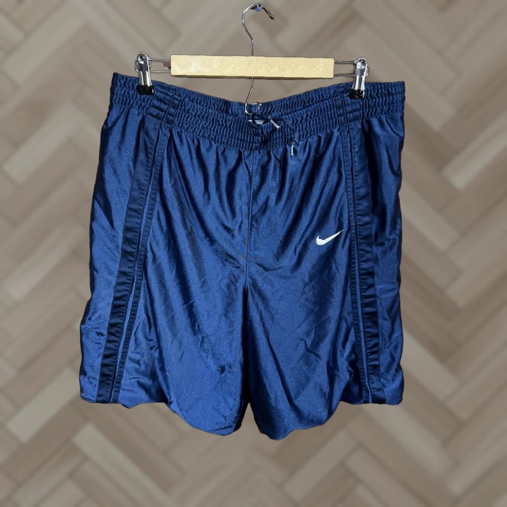 Nike VINTAGE Nike Basketball Shorts Mens L Blue 10” Inseam 90s Shiny Baggy Dazzle Logo Pockets Drawstring Size US 33 - 1 Thumbnail