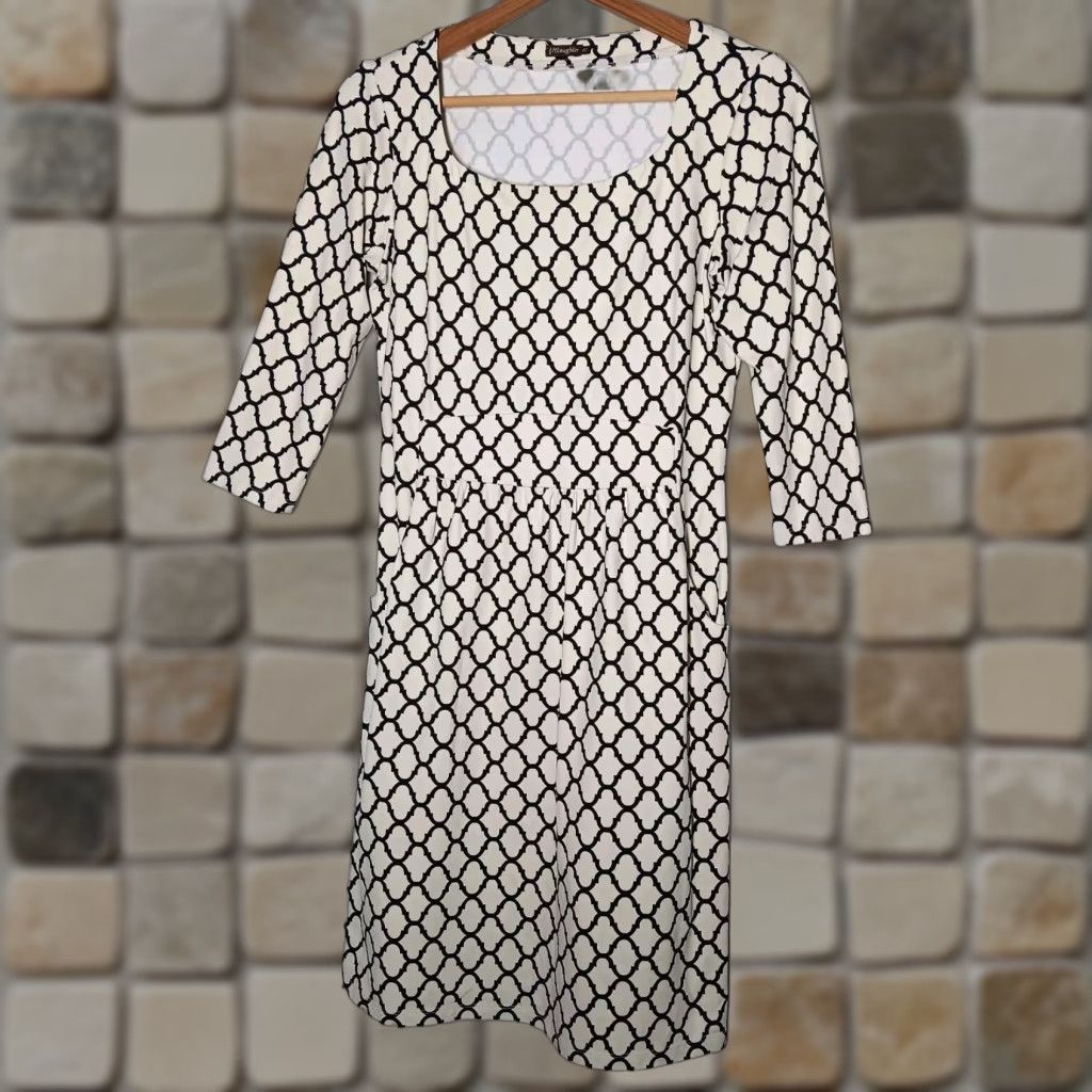 J.McLaughlin VINTAGE J. MCLAUGHLIN Dress Sheath XS Knee Length Geometric Lattice 3/4 Sleeve Ivory Black Womens XS Regular Size XS / US 0-2 / IT 36-38 - 1 Thumbnail