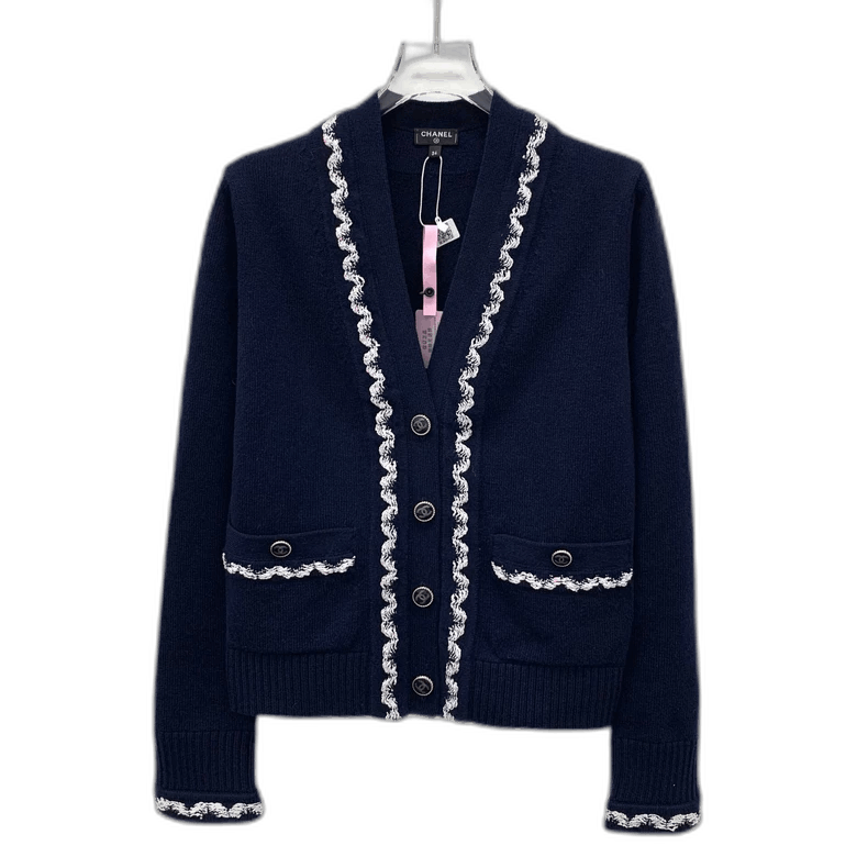 Chanel Chanel Navy Cashmere Cardigan with VNeck -2505 Size US XXS / EU 40 - 1 Thumbnail