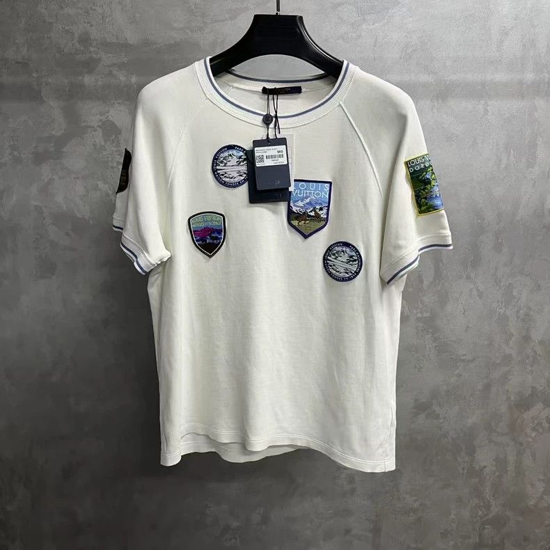 Louis Vuitton White Solid Embroidered Crew Neck Short Slee