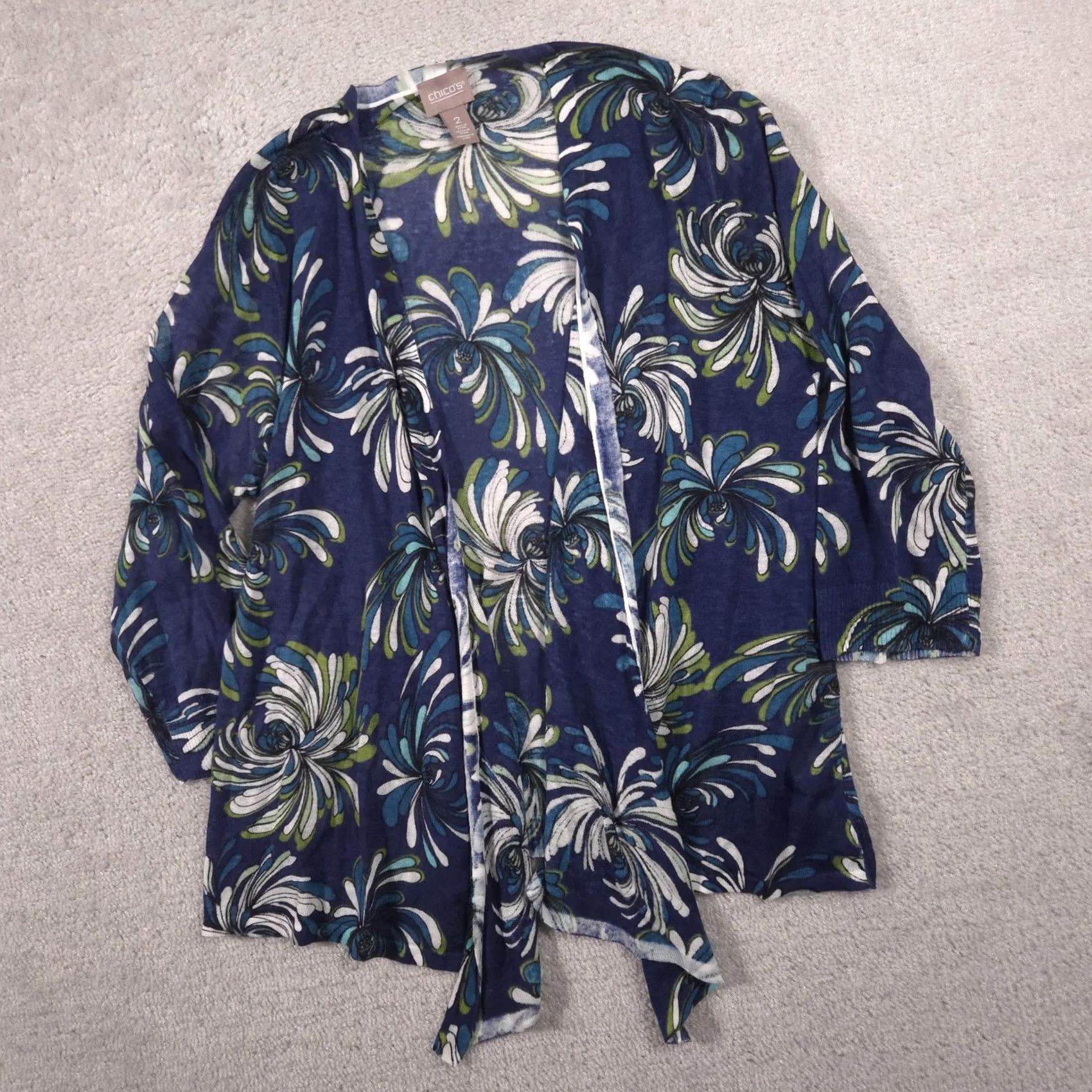 Vintage Chico's Cardigan Sweater Womens 2 Blue Floral Open Front Lightweight 3/4 Sleeve V-Neck Spring Casual Womens Size XS / US 0-2 / IT 36-38 - 3 Thumbnail