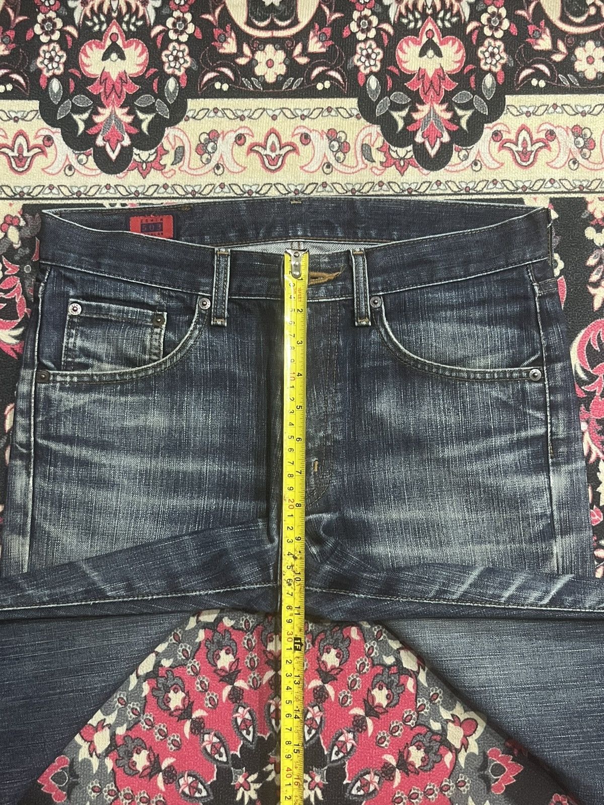 Edwin Edwin 503ZZ Dark Blue Faded Whisker Ripped Straight Leg Jean Size US 31 - 14 Thumbnail