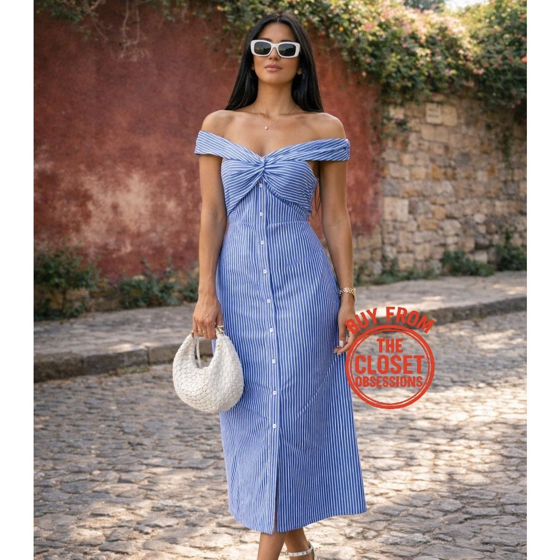 Mango MANGO Striped Off-Shoulder Midi Dress NWT Size L / US 10 / IT 46 - 3 Thumbnail