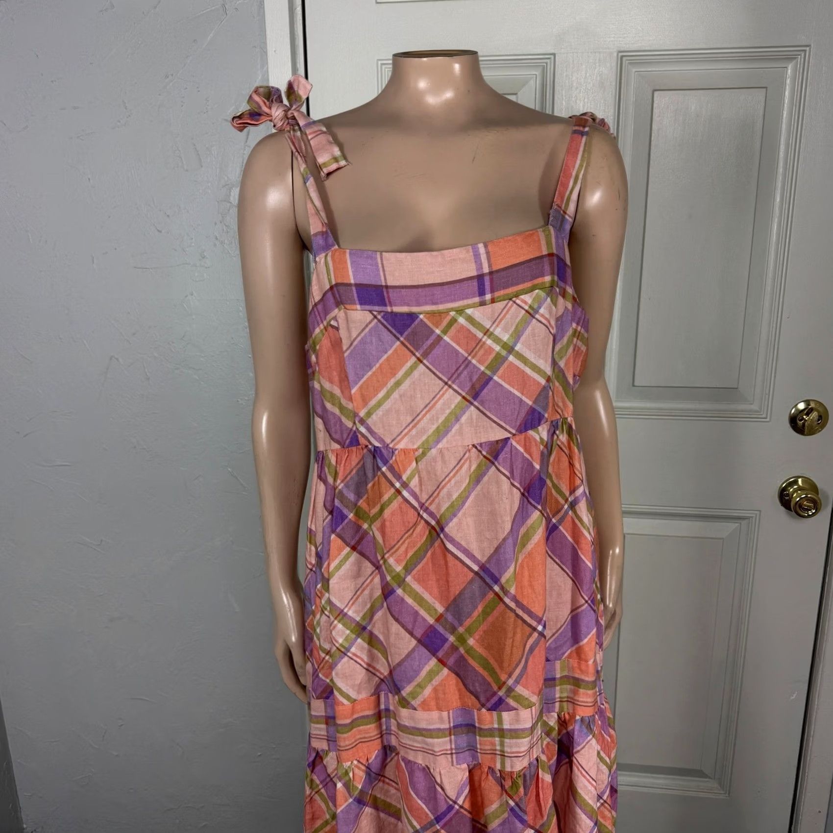 Anthropologie Anthropologie Kachel Dress Plaid Maxi Linen Pink Long D4-2 L Adult Women Sleeveless Square Neck Pullover Lightweight Casual Size L / US 10 / IT 46 - 2 Thumbnail