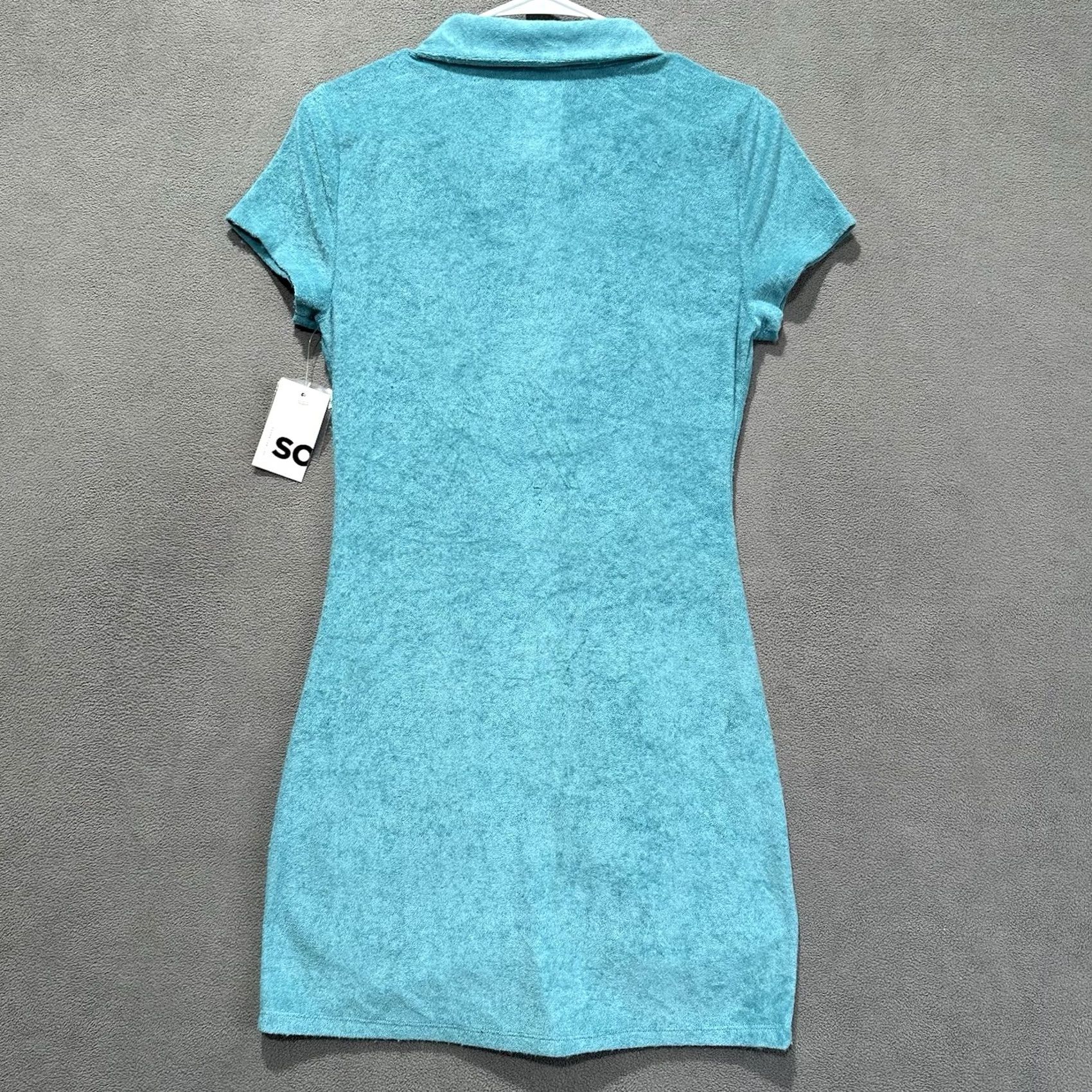 Vintage SO Blue Shirred Polo Dress Juniors M Button Front Stretch Ruched Short Sleeve Size 40" / US 18 - 2 Thumbnail