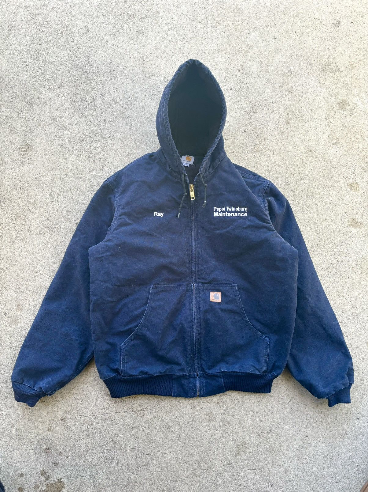 image of Carhartt J130 Logo Hooded Canvas Jacket in Navy, Men's (Size XL)