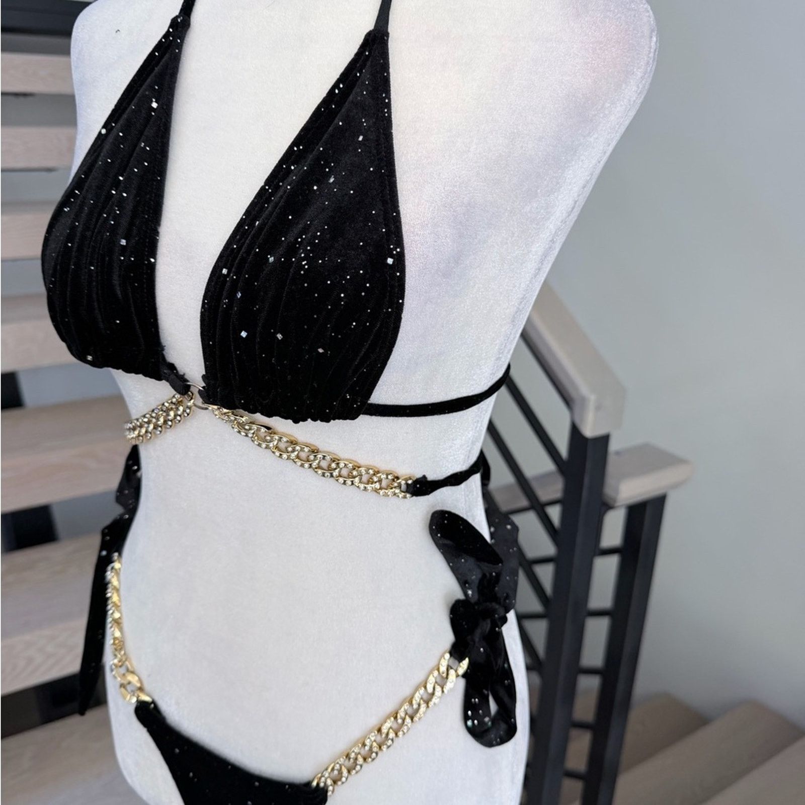 Other Black and Gold Shiny Velvet Bikini Swimsuit Swimwear size XS Size ONE SIZE - 11 Thumbnail