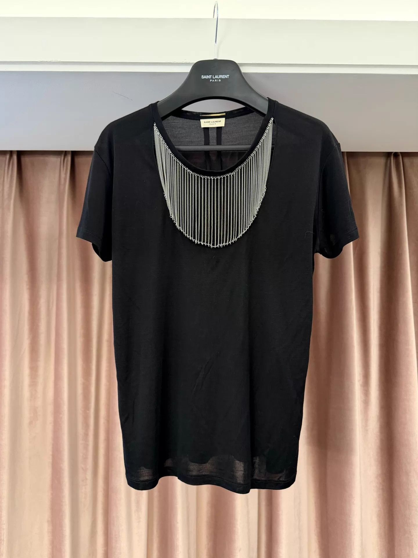 Saint Laurent Paris Black Short Sleeve Top with Chain Neck Detail Size US S / EU 44-46 / 1 - 1 Thumbnail