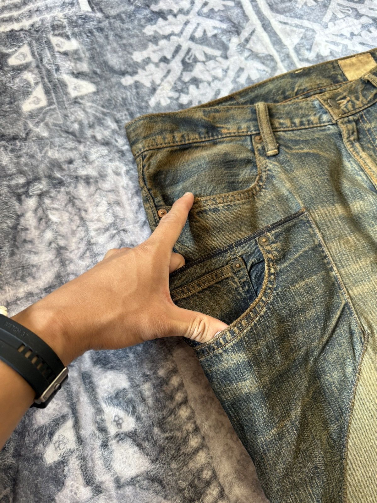 Le Grande Bleu (L.G.B.) Antgauge Japan Asymmetrical Cut & Sew Mud Wash Jeans Size US 32 / EU 48 - 7 Thumbnail