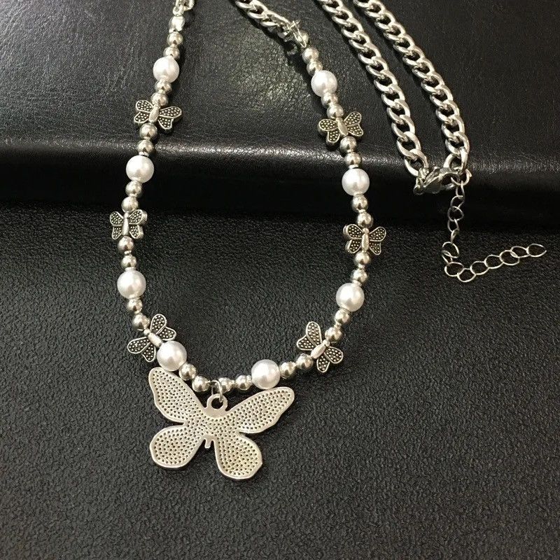 Jewelry Goth Harajuku Butterfly Pearl Pendant Chain Choker Necklace Size ONE SIZE - 4 Thumbnail
