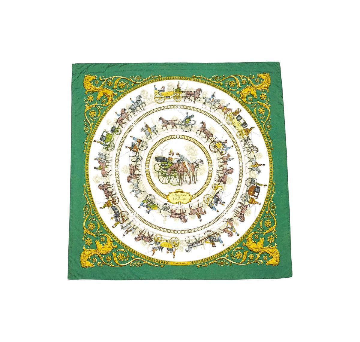 image of Hermes Carre 90 "la Promenade De Longchamps"silk Scarf Shawl in Green, Women's