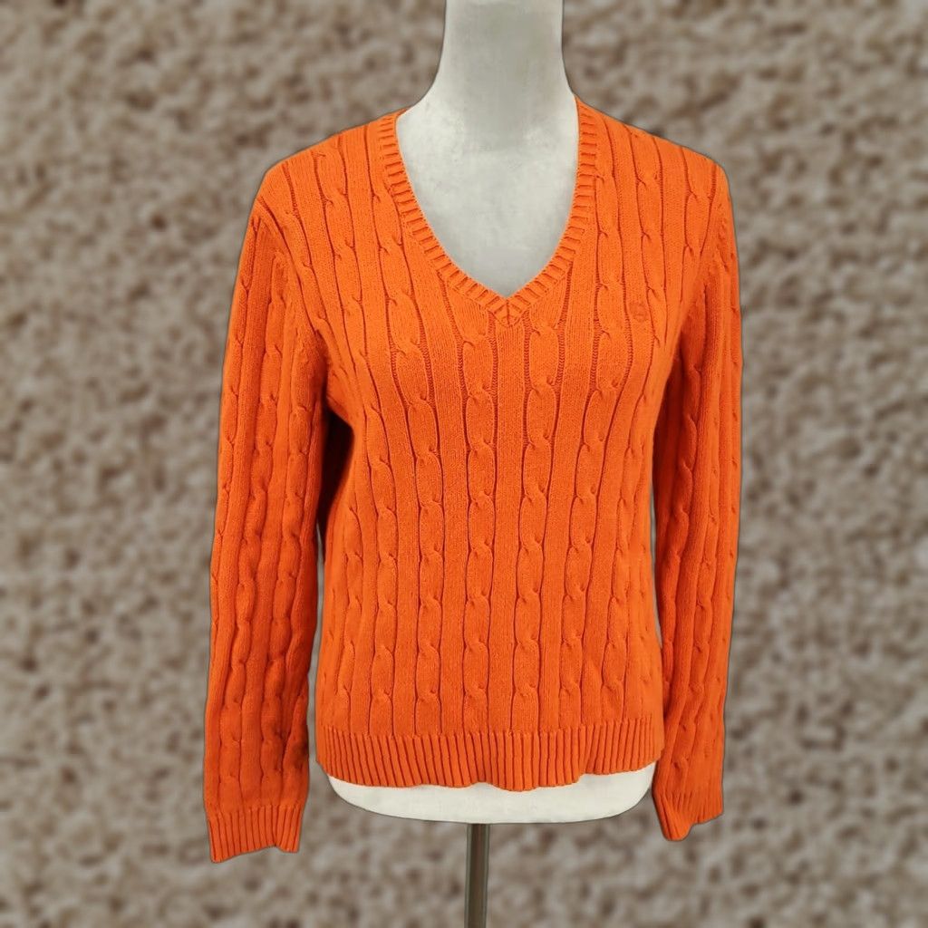 Chaps **Womens Chaps Cable Knit Orange Large Pullover V-Neck Sweater** User: **Chaps Womens Orange Cable Knit Large Pullover V-Neck Sweater** Size L / US 10 / IT 46 - 1 Thumbnail