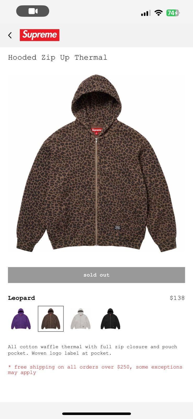 Supreme Hooded Zip Up Thermal Leopard Ｍ Supreme Hooded Zip Up Thermal (SS25) Leopard Men's - SS25 - US