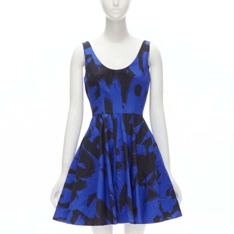 Alexander McQueen ALEXANDER MCQUEEN 2022 black blue abstract print fit flared scoop dress It38 S Size XS / US 0-2 / IT 36-38 - 1 Thumbnail