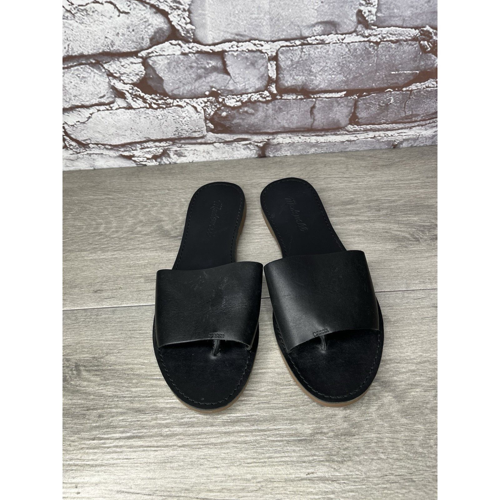 Madewell Madewell The Boardwalk Post Slides Black Leather Sandals Wom Size US 7.5 / IT 37.5 - 3 Thumbnail
