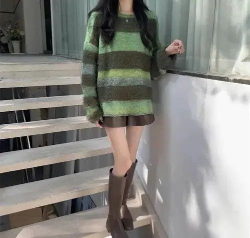 Vintage Green loose contrast striped sweater Size M / US 6-8 / IT 42-44 - 5 Thumbnail