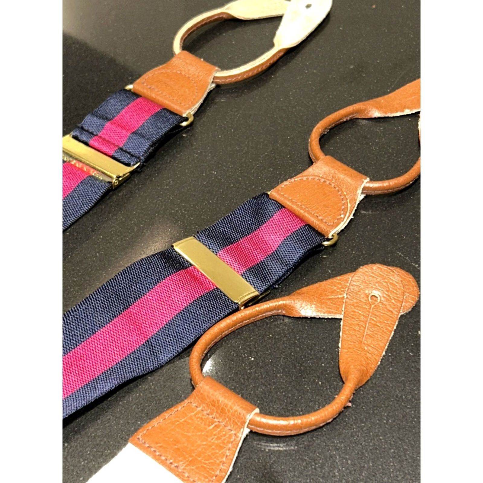 Brooks Brothers VINTAGE Brooks Brothers Striped Suspenders Button-End One SZ Men Red Navy Adjustable Leather Nylon Braces Classic Size ONE SIZE - 3 Thumbnail