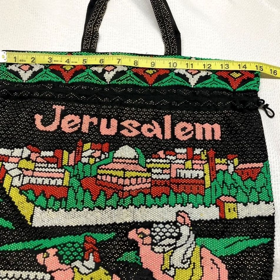 Doublet VINTAGE Jerusalem Cityscape Beaded Tote Bag Purse Handmade Black Double Handle Satchel Top Handle Women Medium Size ONE SIZE - 7 Thumbnail