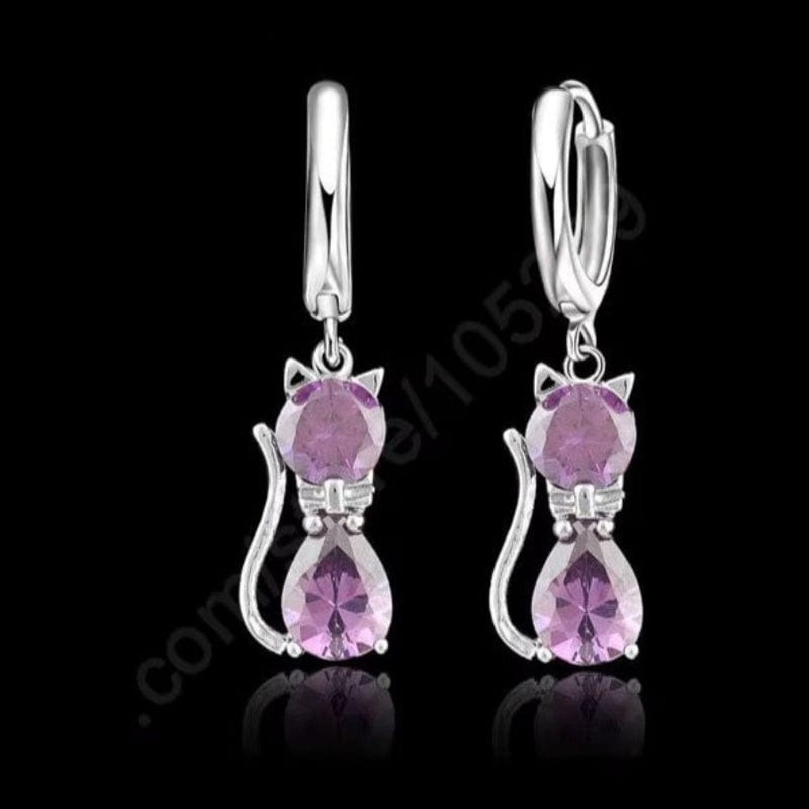 Designer Pink Crystal Cat Earrings Silver Huggie Dangle Earrings Size ONE SIZE - 1 Thumbnail