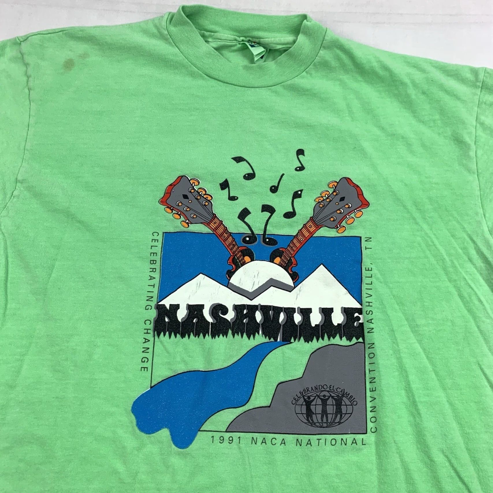 Hanes VINTAGE Hanes T-Shirt 90s Music Green XL Adult Crew Neck Short Sleeve Nashville NACA National Convention 1991 Boys/Men? Size US XL / EU 56 / 4 - 2 Thumbnail