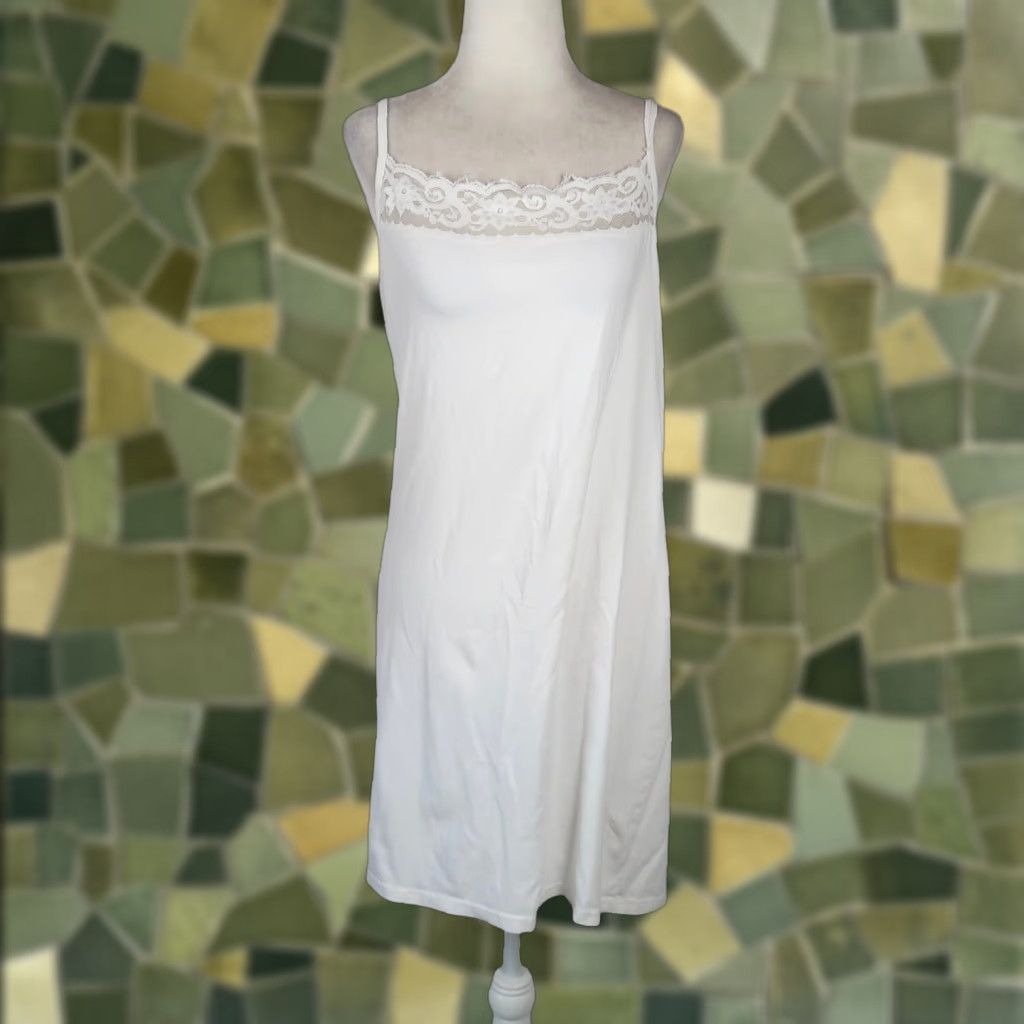 VINTAGE Express White Cotton Lace Trim Mini Slip Cami Dress 12 90s Womens