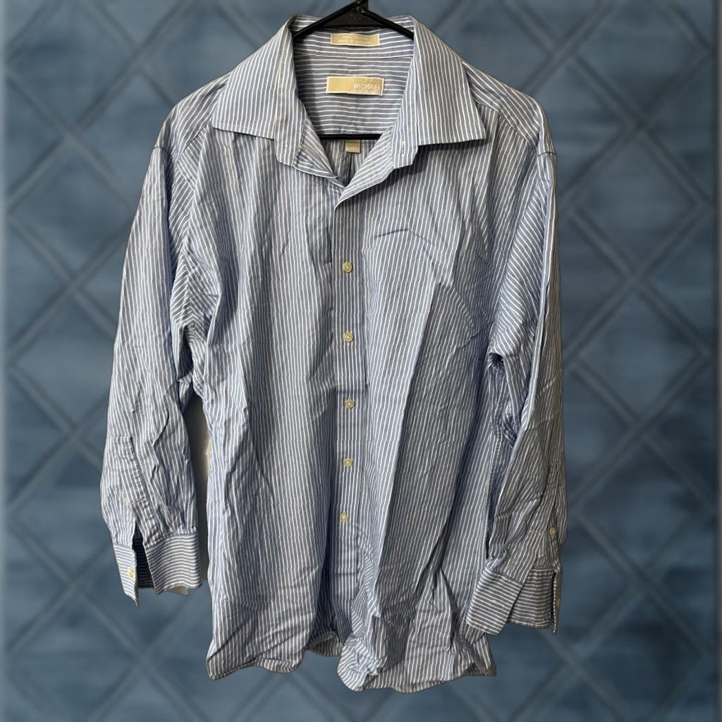 Michael Kors VINTAGE Michael Kors Dress Shirt Blue Striped 17-32/33 Button Shirt 100% Cotton Non Iron Mens Slimming Regular Collar Spread Long Sleeve Button-Up Size 46R - 1 Thumbnail