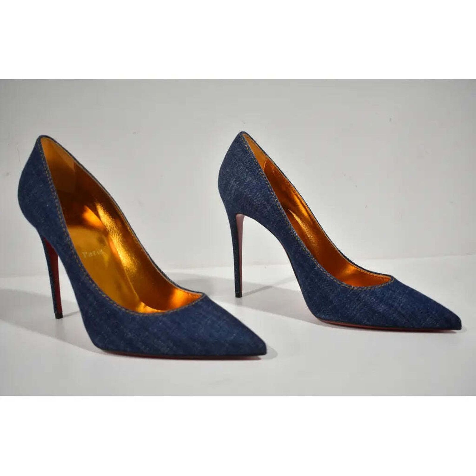 Christian Louboutin Kate 100 Blue Denim Saba Gold Stiletto Pointed Heel Pump 40 Size US 10 / IT 40 - 4 Thumbnail