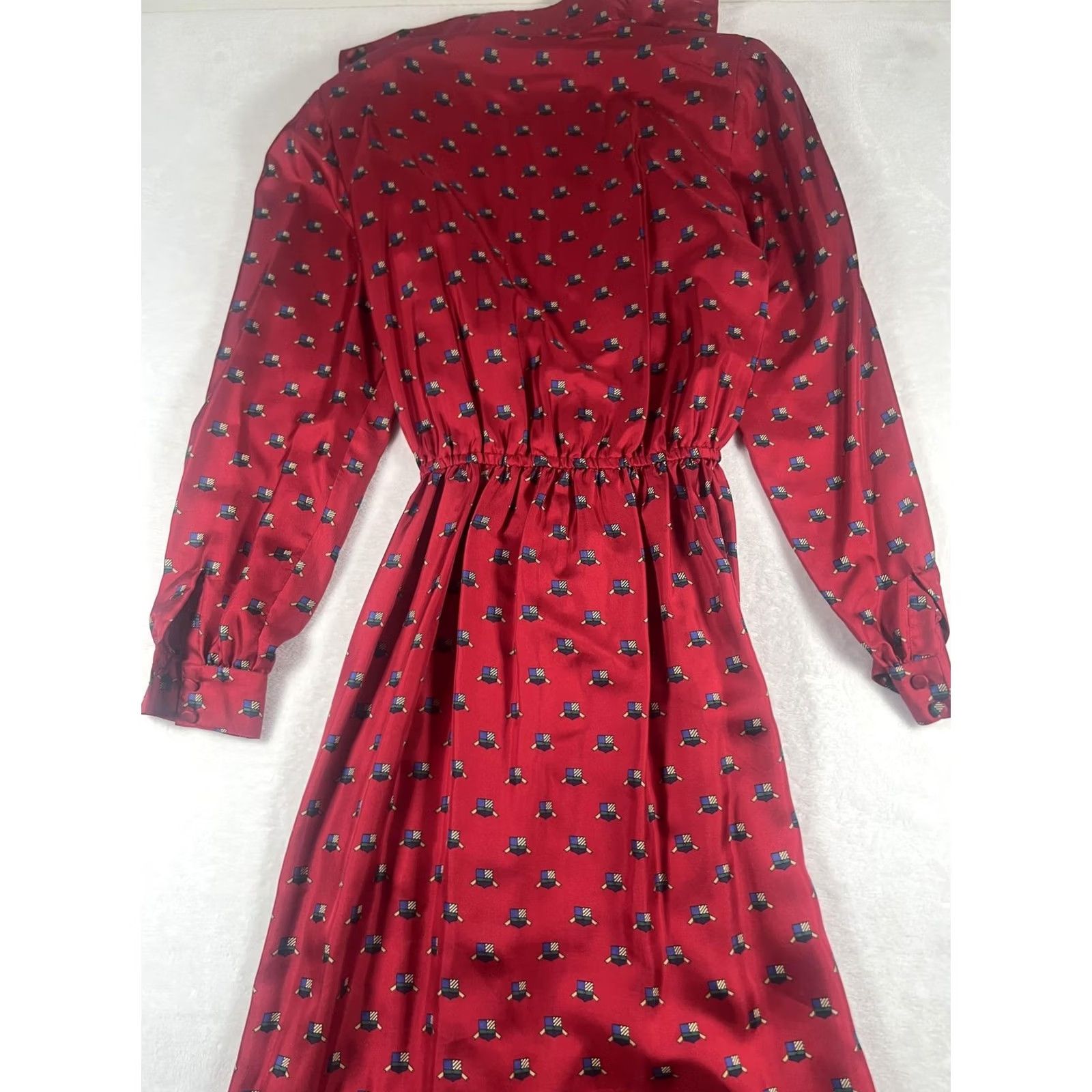 Vintage Frank Young Silk Shirt Dress Womens 6 Red Geometric Print Elastic Waist Buttons Size M / US 6-8 / IT 42-44 - 7 Thumbnail