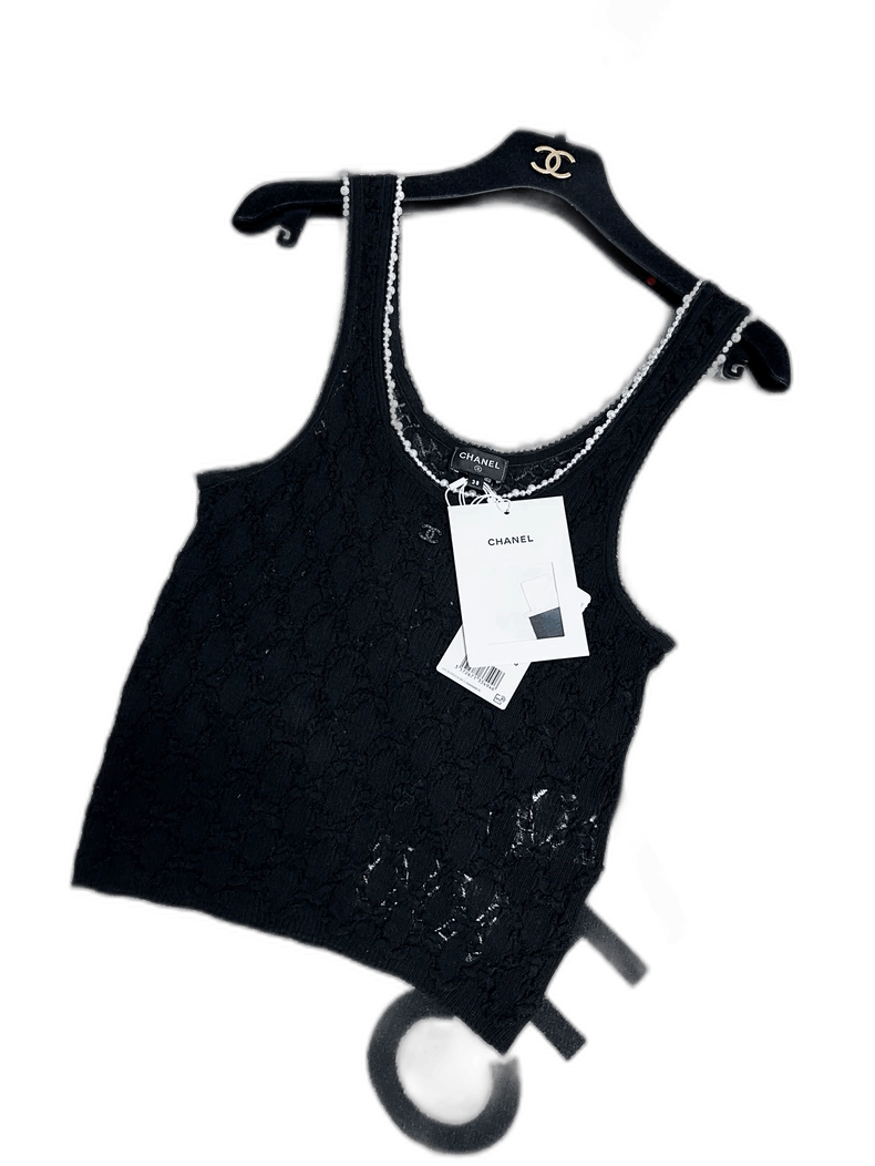Chanel Black Lace Pearl Trim Tank Top