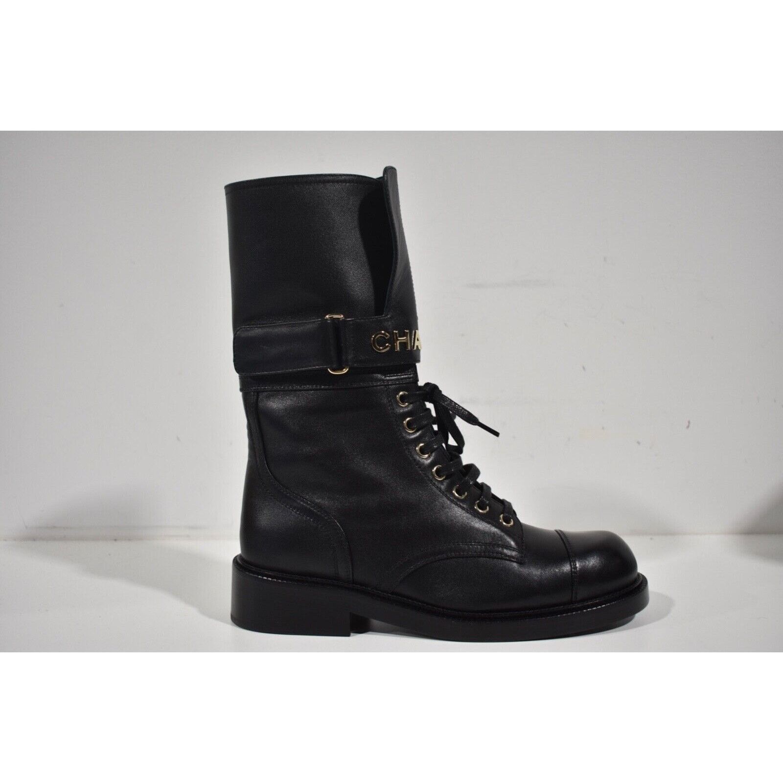 Chanel 22A Logo CC Combat Lace Up Tie Military Tall Boots 37.5 Size US 7.5 / IT 37.5 - 3 Thumbnail