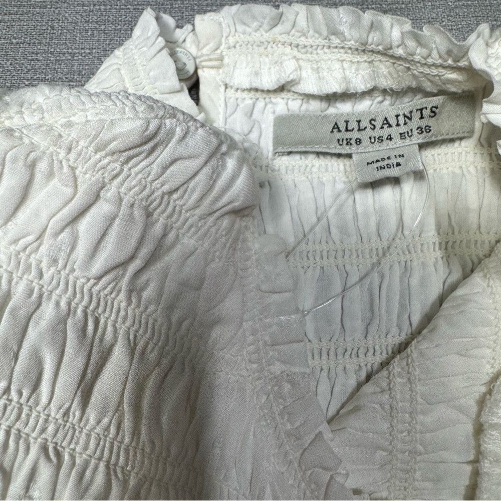 Allsaints New AllSaints Jaya Smocked Ruffle Ivory Viscose Mini Dress Size S / US 4 / IT 40 - 8 Thumbnail