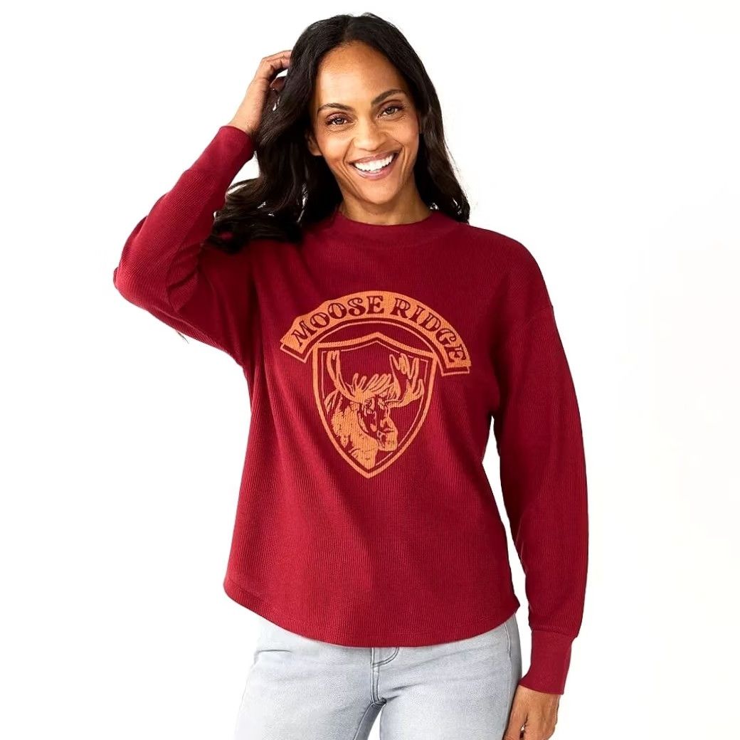 Vintage Sonoma Moose Ridge Long Sleeve Crew Neck Waffle-Knit Top - Red, M, Cotton Blend, Knit, Classic Fit, Women Size M / US 6-8 / IT 42-44 - 2 Thumbnail