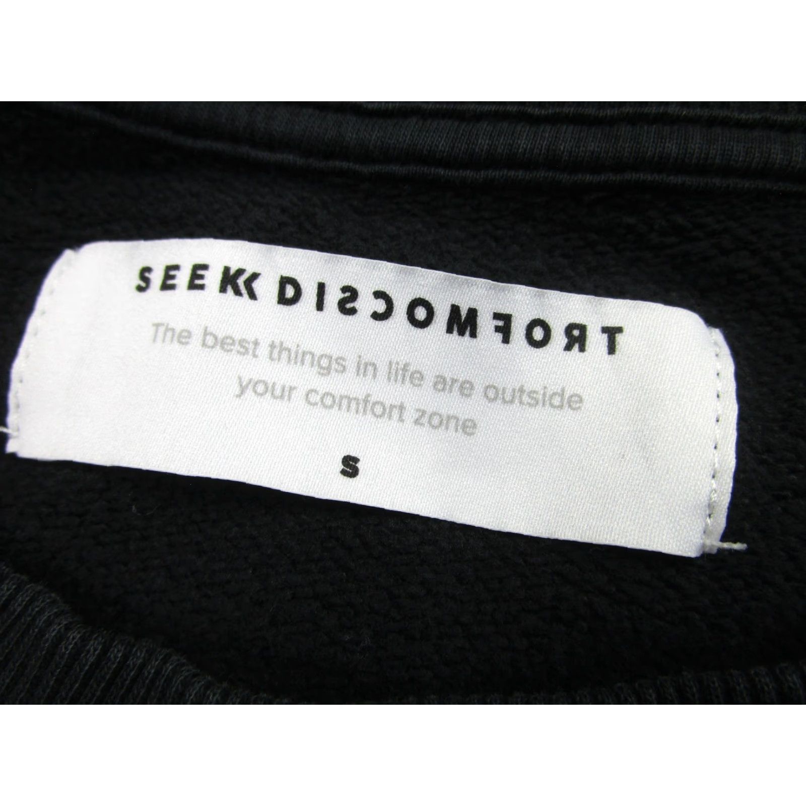 Vintage SEEK DISCOMFORT Sweatshirt Mens Small Black Pullover Organic Cotton Crewneck Graphic Print Logo 90s Quotes Size US S / EU 44-46 / 1 - 4 Thumbnail
