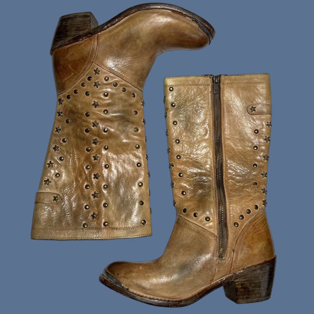 Bed Stü Cobbler Series Star Studded Leather Riding Boots Women 8.5 Brown Leather Buckle Zip Mid-Calf 80s 90s Biker Rocker Shoes Women