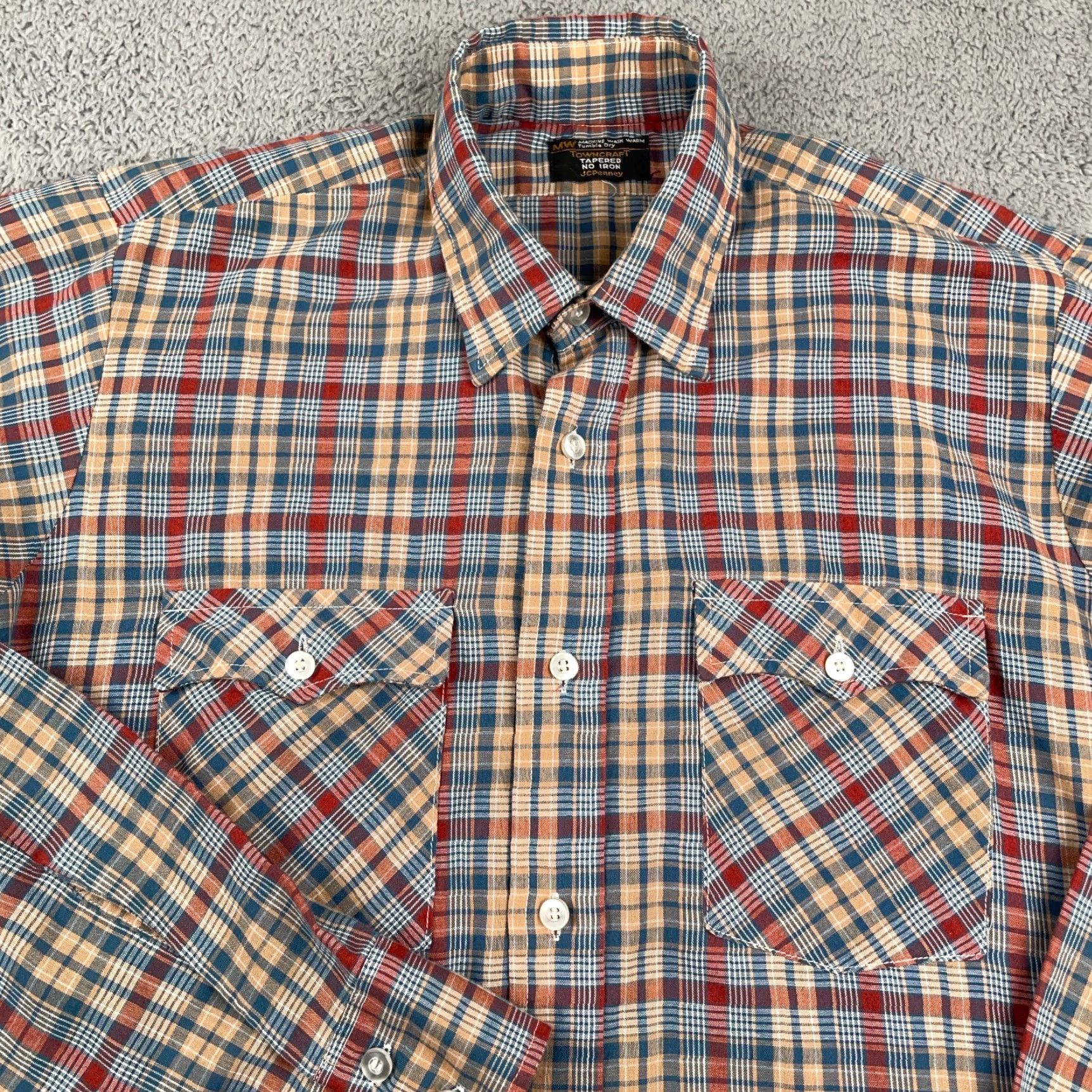 VINTAGE Towncraft Shirt Mens Large Western JCPenney Penneys 70s Plaid No  Iron Button-Up Collared Pocketed