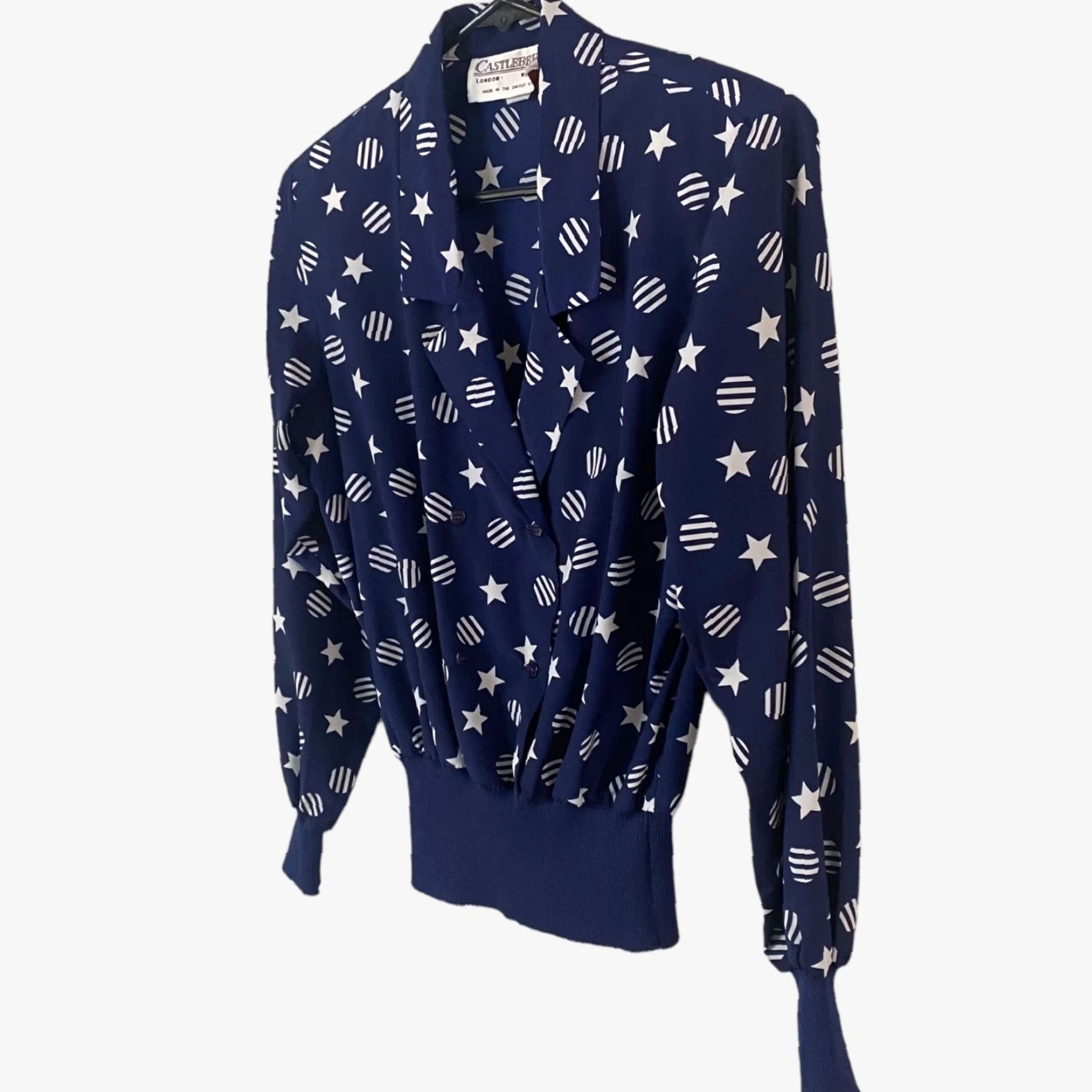 Doublet VINTAGE Castleberry Blouse Double Breasted Blue Star Print Long Sleeve Women Size 4 Shoulder Pads 80s Patriotic USA Made Size S / US 4 / IT 40 - 2 Thumbnail