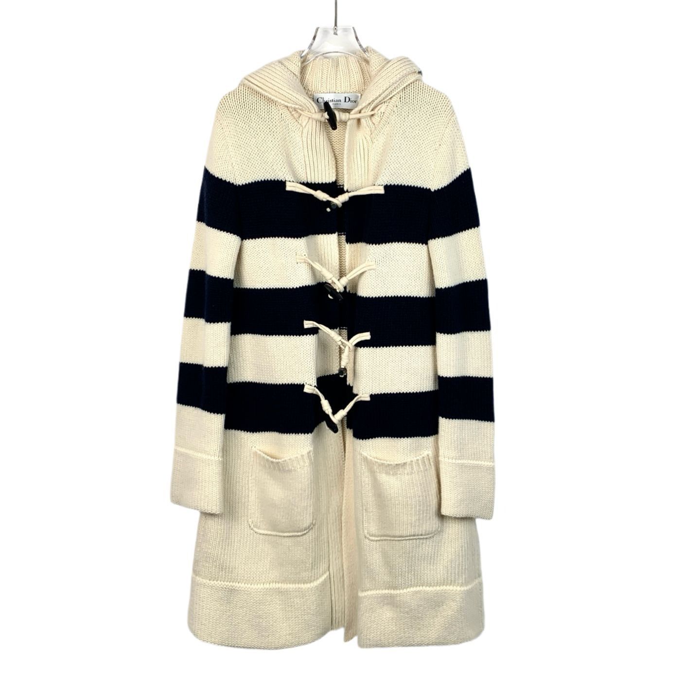 Christian Dior Striped Wool Knit Hooded Duffle Coat